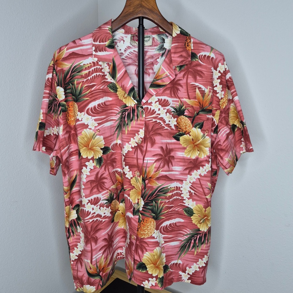 Hilo Hattie Vintage Hawaiian Shirt Mens Large Pink Pineapple Hibiscus Cotton